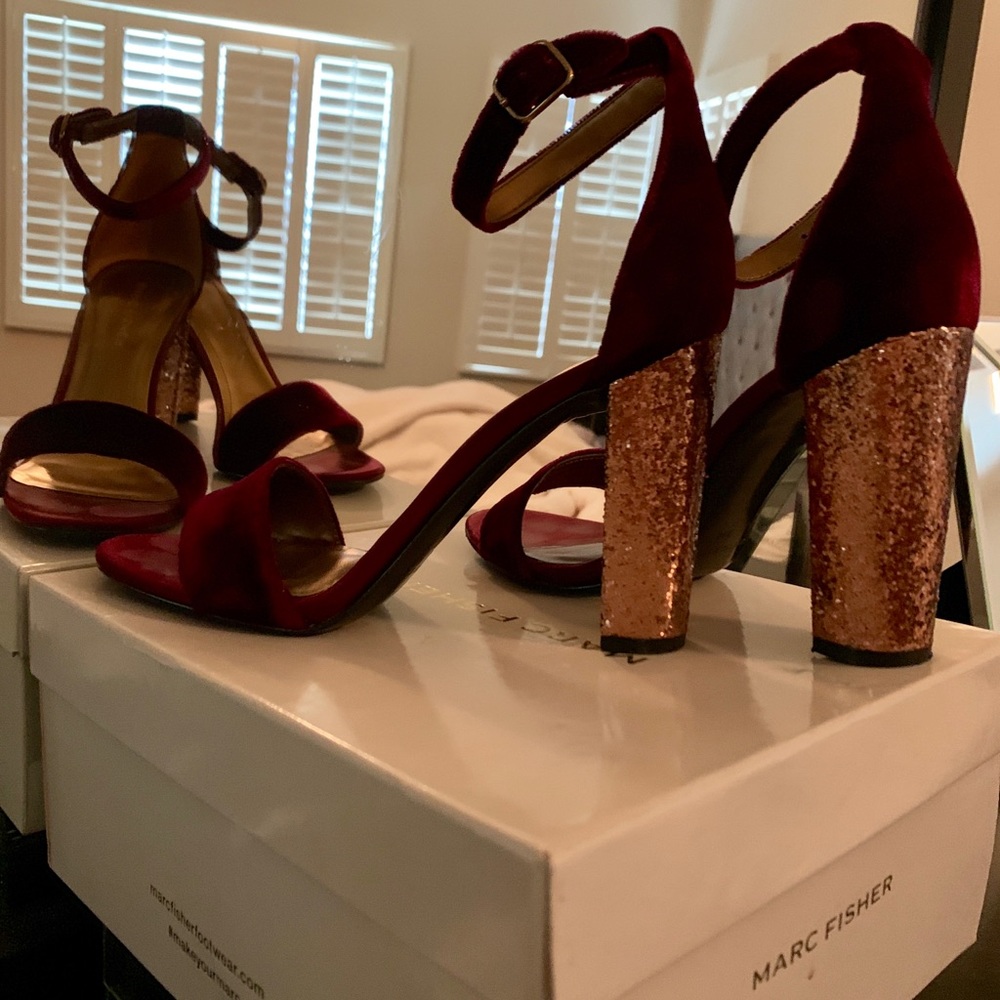 Gently worn Marc Fisher velvet chunky glitter heel